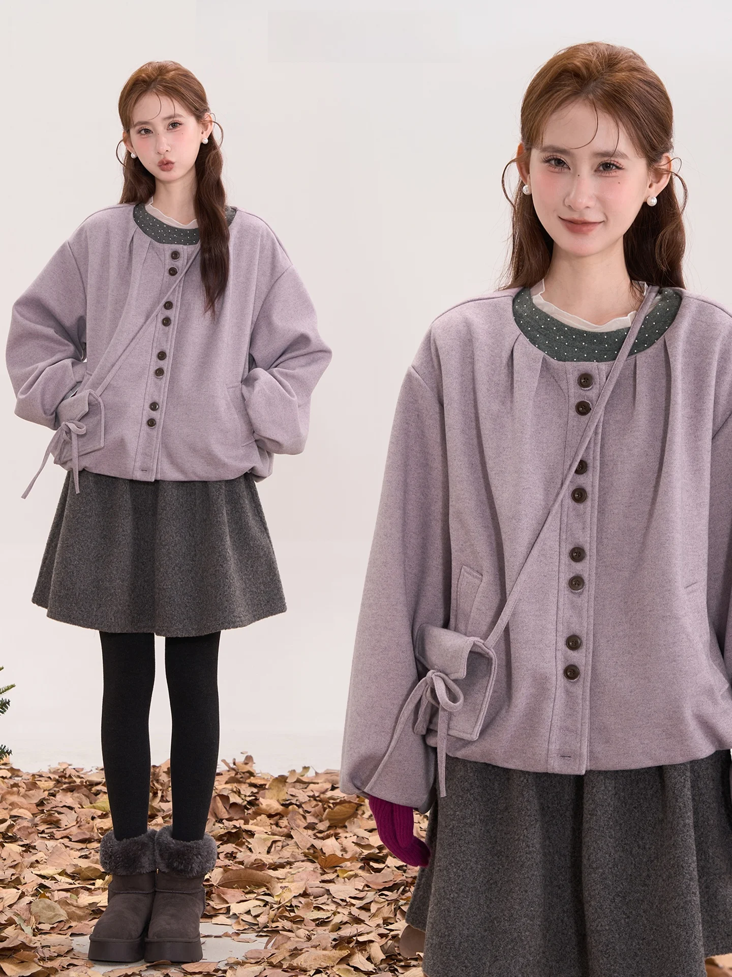 

Женское осеннее элегантное плиссированное шерстяное пальто с цветочным принтом «Сакура» и круглым вырезом, для повседневной носки