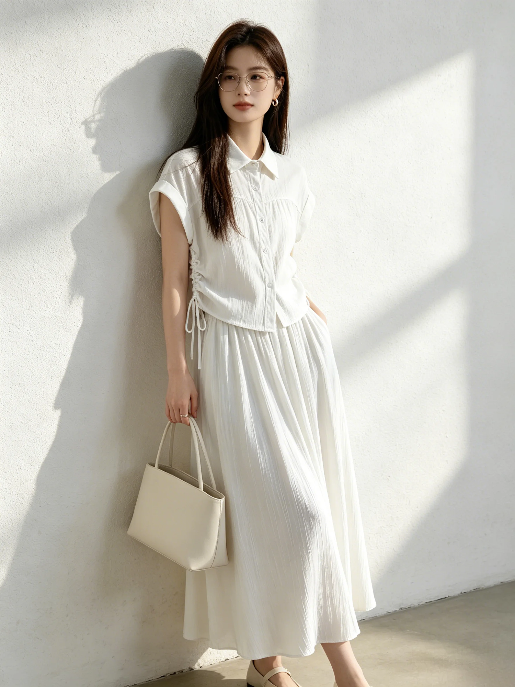 

Summer 2026 Korean Style Collar Drawstring Short Shirt High Waist Slimming Half Skirt Set Simple Fashion Women's Ensemble
