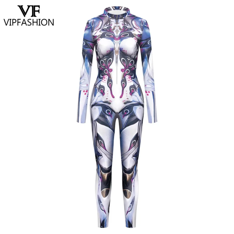 Vipfashion punk print costume for women front zipper Carnival party zentai bodysuit female robot catsuit Purim cosplay clothes