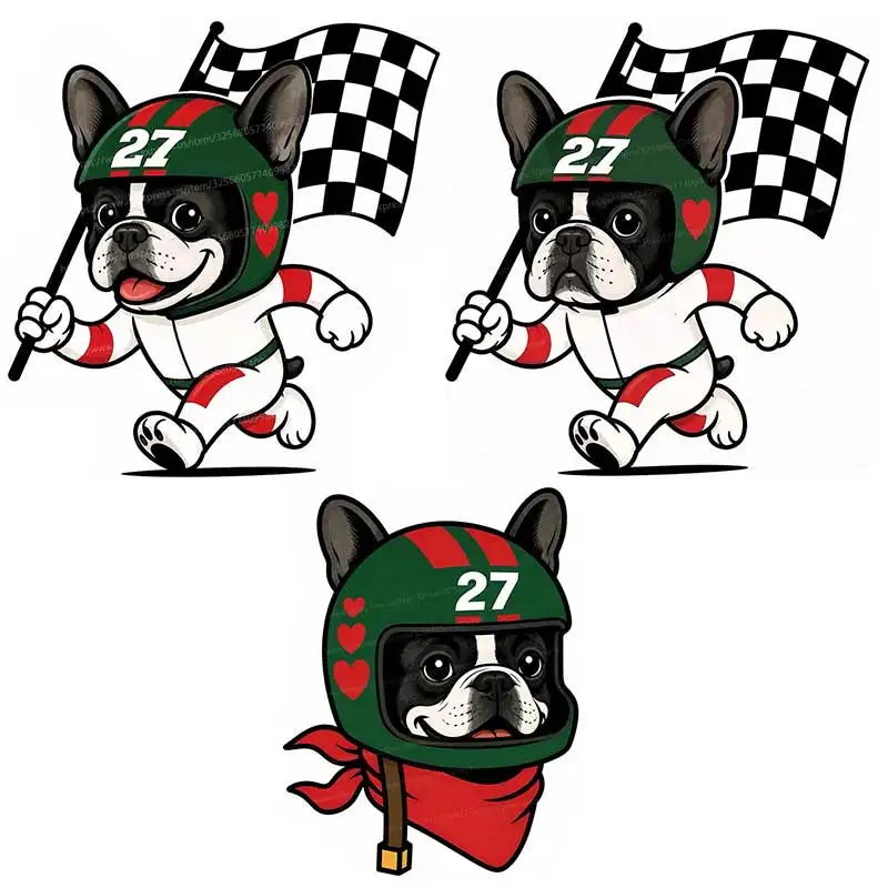 Cute French Bulldog Racer Car Sticker Racing Dog With Checkered Flag Helmet 27 Number Decal Vinyl Waterproof Decor Sticker SH134