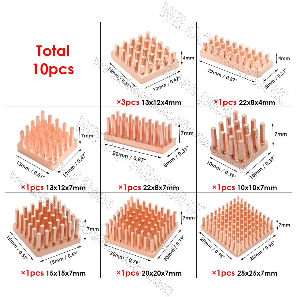 DIY Copper Heatsink Kit 10pcs Pure Copper Radiator Cooler 10x10mm 15x15mm 20x20mm 25x25mm With pre Thermal Adhesive Tape