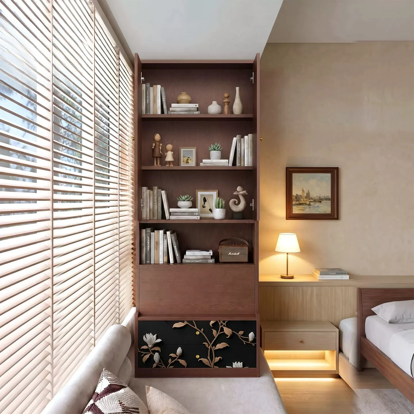 Bay window cabinet, bedroom storage locker, integrated window sill renovation, antique balcony, solid wood storage cabinet