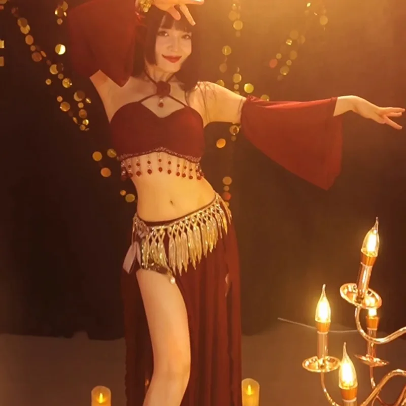

Customized Belly Dance Performance Costume Sexy Slimming Exercise Costume Beginner Big Skirt Tassel Belly Dancewear Waist Chain