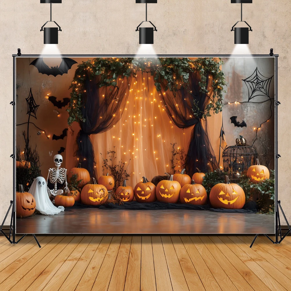 خيمة هالوين البرتقال خلفيات اليقطين للتصوير الفوتوغرافي ، الخفافيش ، مخيف ، شبكة العنكبوت ، غرفة نوم ، خلفية السرير ، مستلزمات كشك الصور
