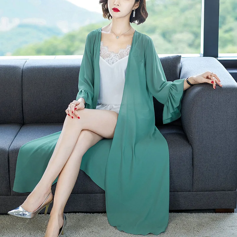 Women Vintage solid Chiffon Shirts Loose Shawl Kimono Cardigan Boho Tops Long Sunscreen Jacket Blouse Cardigan plus size