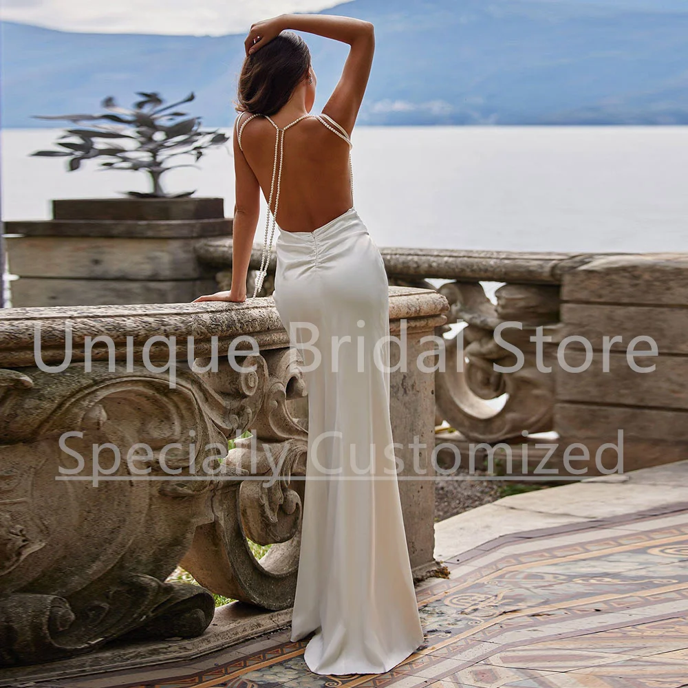 CustomizedJersey Stretch Wedding Dresses Boho Scoop Neck Backless Zipper Sleeveless Pleat Shoulder Decoration High Split Vestido