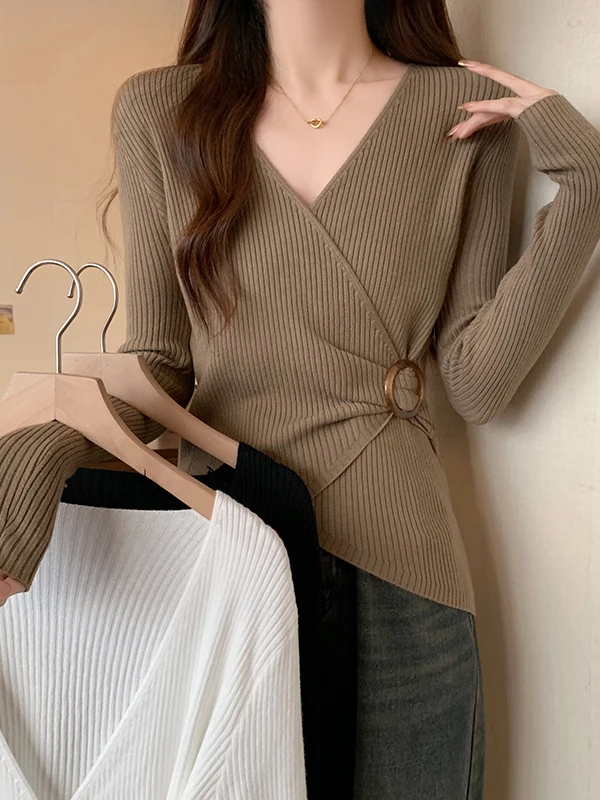 

Свободная женская футболка с V-образным вырезом в полоску, новинка сезона весна-осень-зима, вязаный хлопковый топ с длинным рукавом в стиле Pure Desire Wind