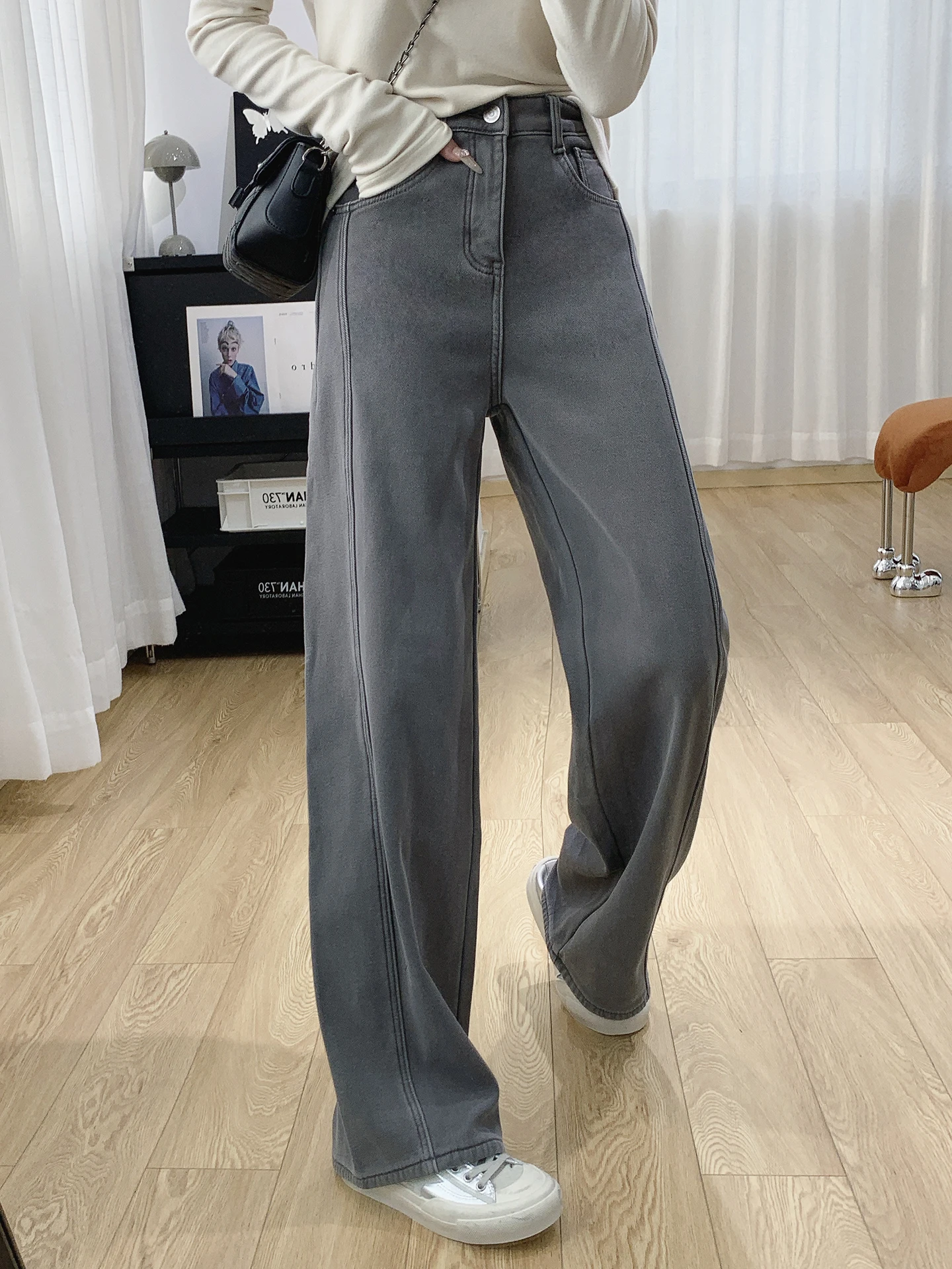 

Большие размеры, драпированные женские джинсы Thiened Fce с высокой талией, осень-зима, свободные прямые широкие брюки, повседневные хлопковые брюки