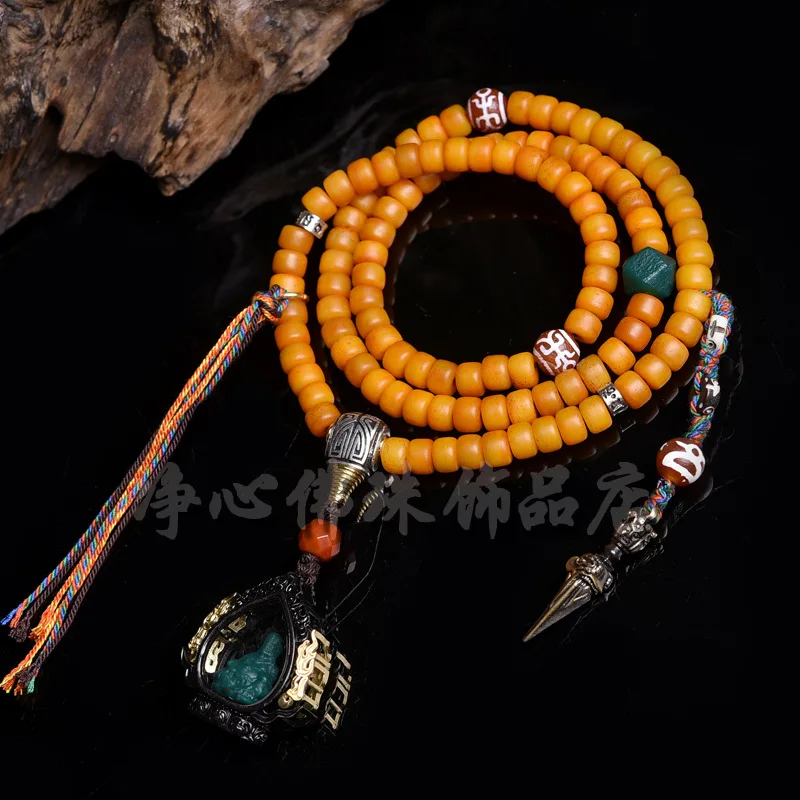 Natural Yellow Chicken Grease Barrel Camel Bone 108 Tibetan Halter Beads Tassel for Men and Women Multi-Wrap Bracele