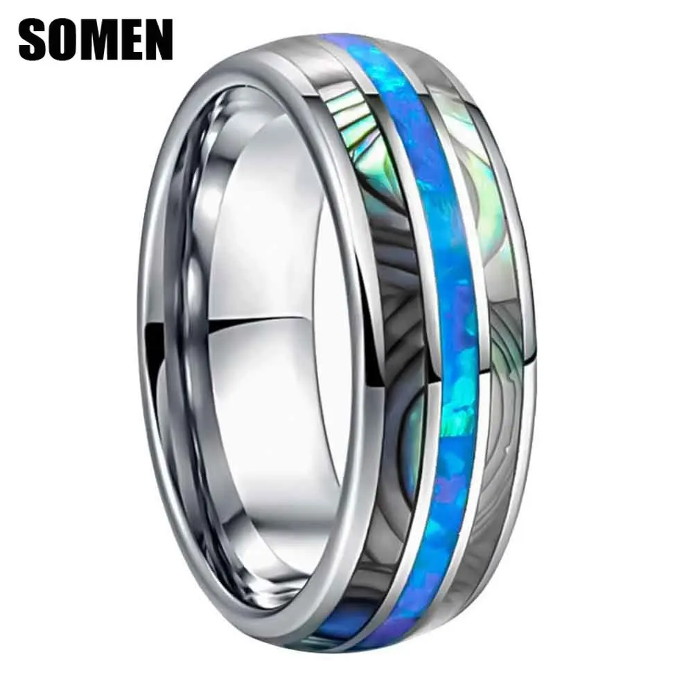 Somen 8mm Tungsten Carbide Wedding Band For Men Natural Blue Opal & Abalone Shell Inlay Engagement Ring Anniversary Jewelry Gift