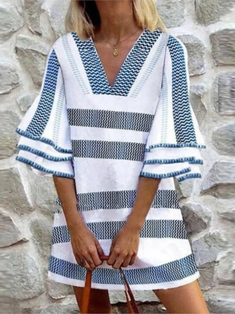 Abito ampio con stampa di moda per donna Casual scollo a V con volant Pullover Mini abiti Lady Boho Gonna da vacanza Abbigliamento da donna Estate