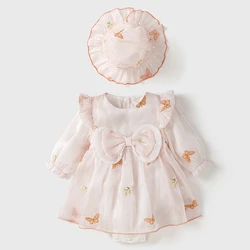 Spring Autumn Baby Girls Cute Pink Romper Dress Outdoor One Piece Princess Jumpsuit Infant Butterfly Bodysuits with Hat 6-18M