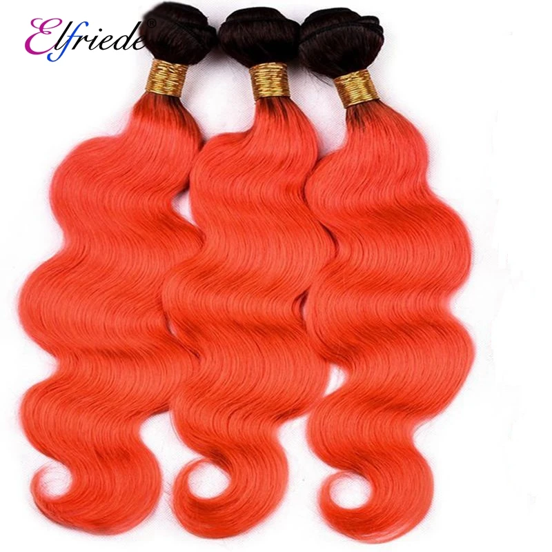 ElfriEDE-Onda Do Corpo Ombre Colorido Pacotes de Cabelo Humano, 100% Extensões de Cabelo Humano, 1B Vermelho Laranja, 3 ou 4 Pacotes, Promoções