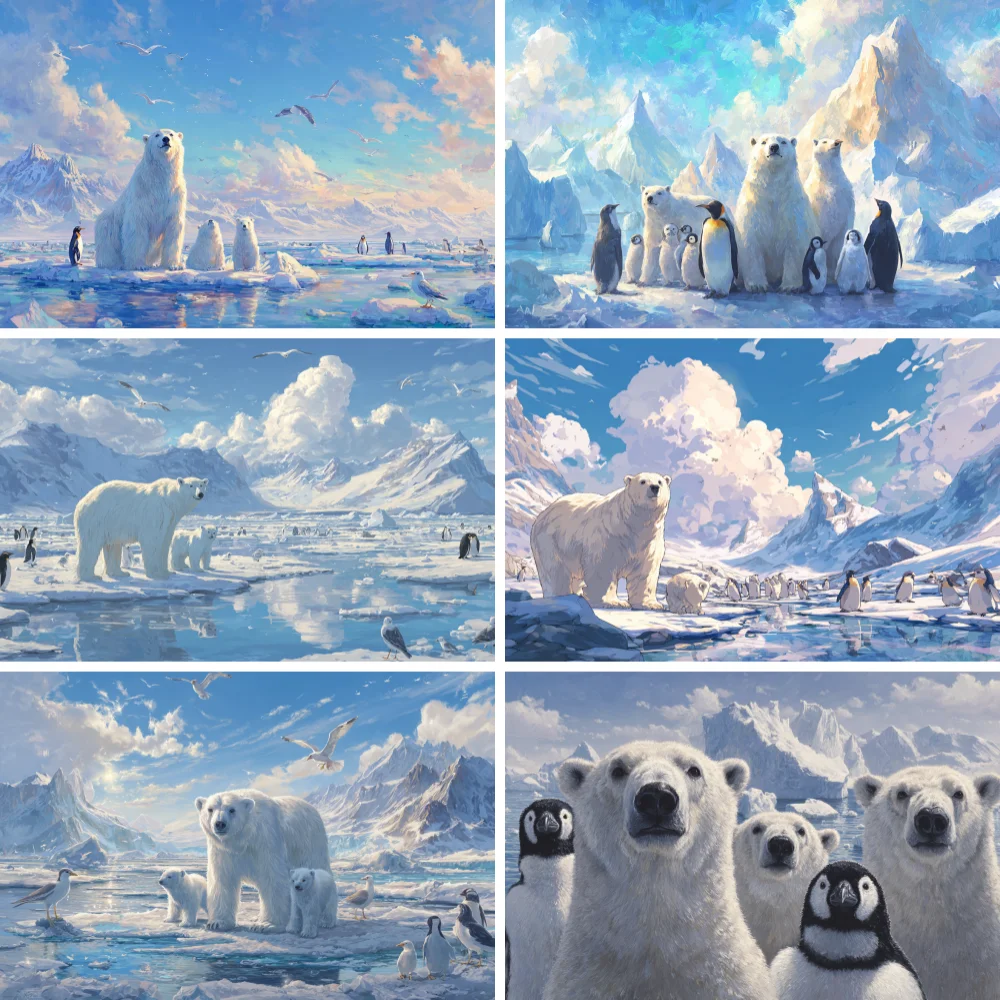 

Winter Snow Mountain Backdrop Resort Polar Bear Scenery Penguin Decor Photo Studio Winter Theme Party Decoration Background