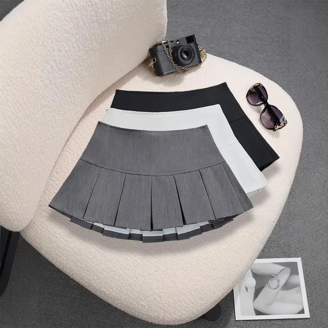 

Мини-юбка Spice Girl 2026: Новинка Весны, с низкой талией, однотонная, плиссированная, с защитой от просвечивания