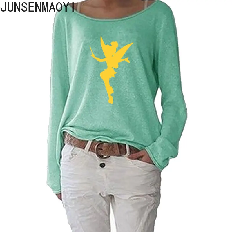 2022 New Women Tinkerbell Fairy Silhouette Cartoon Women Long Sleeve Funny Autumn Tshirt Women Casual Clothes Top Tee