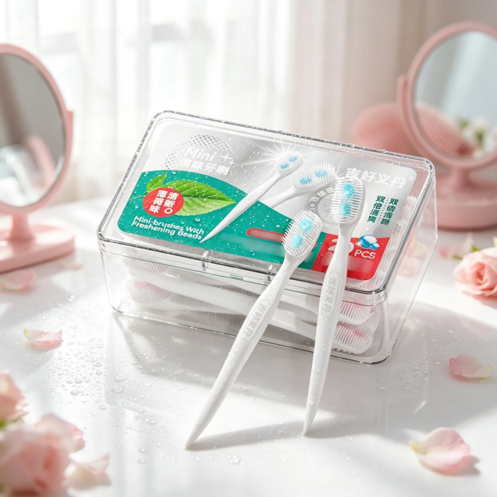 Water Saving Portable Toothbrush 20PCS Box Cool Mint Dual Fresh Bead Disposable Toothbrush with Floss for Outdoor Travel Daily F