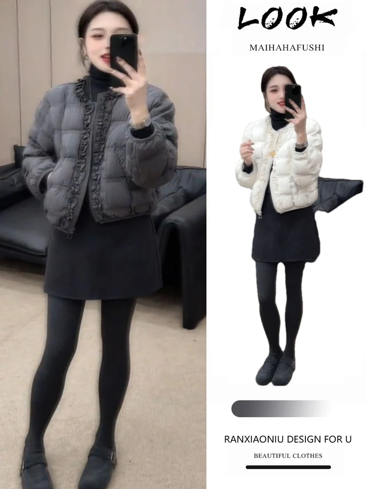 

Зимний модный комплект: женская теплая приталенная короткая хлопковая куртка, базовая футболка с высоким воротником и юбка-футляр, повседневный комплект из трех предметов