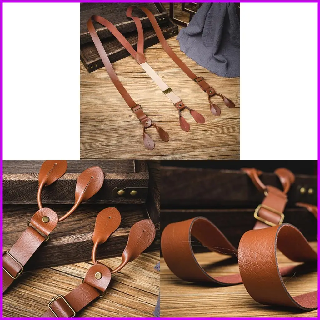 

Stylish Classical Suspenders Adjustable Suspenders PU Chain Metal Clip Brown PU Belt for Wedding Business Wear