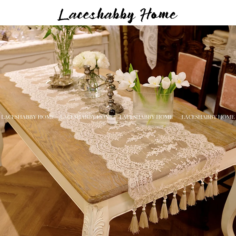 High End Home Decoration Retro Three-dimensional Embroidered Lace Tassel Table Flag Tablecloth Decorative Cabinet Towel Shoe