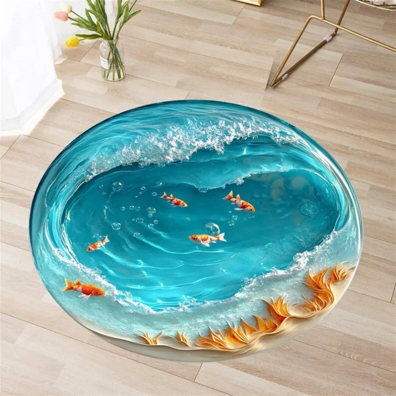 3D Visual Illusion Fish Round Carpet Water Waves Fish Home Decor Non-Slip Mat for Living Room Bedroom Indoor Decorative Mats