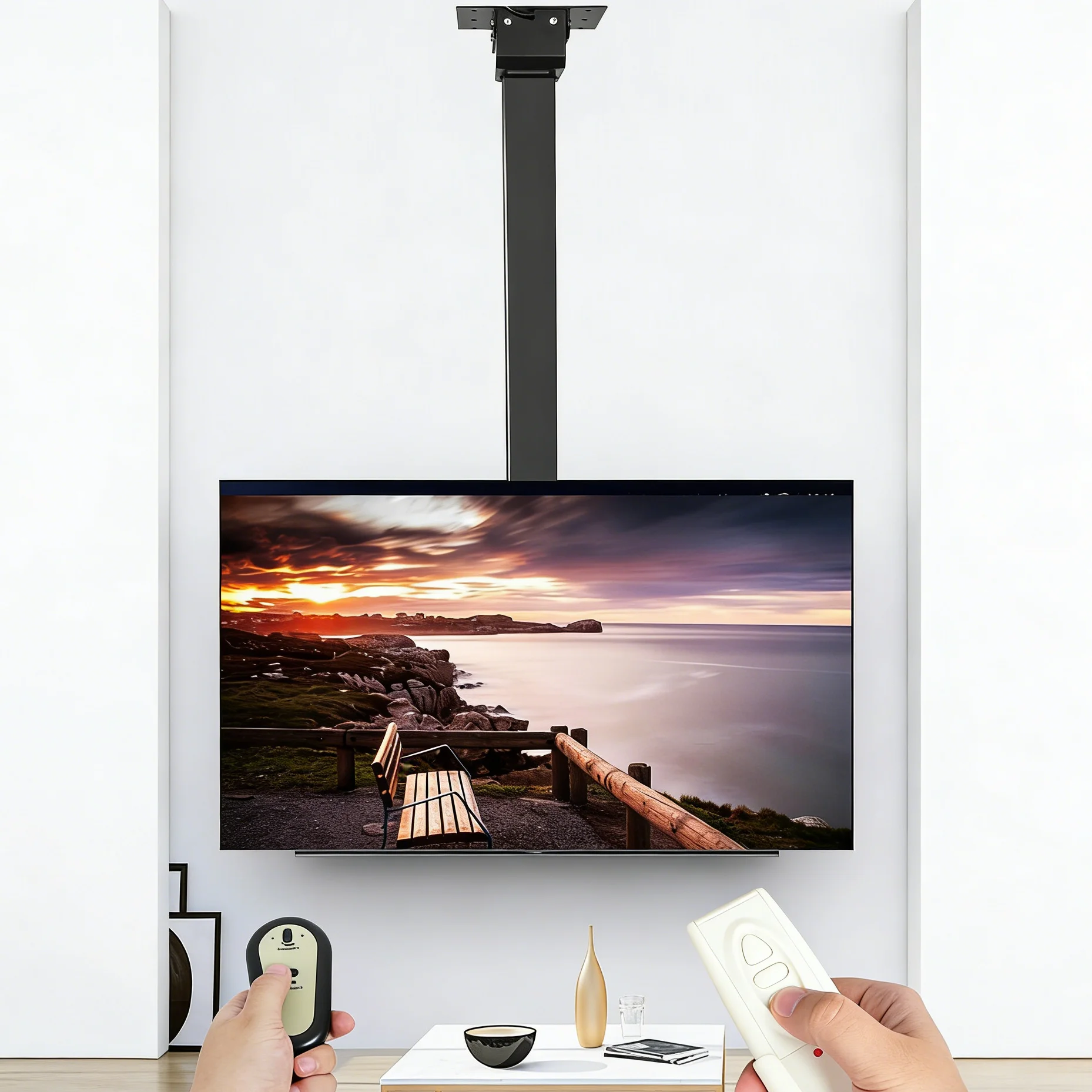 HILLPORT Electric TV Ceiling Lift Mount Height Adjustable Motorized Vertical Floor Stand Arm DS700 for 32 to 75 Inch TVs