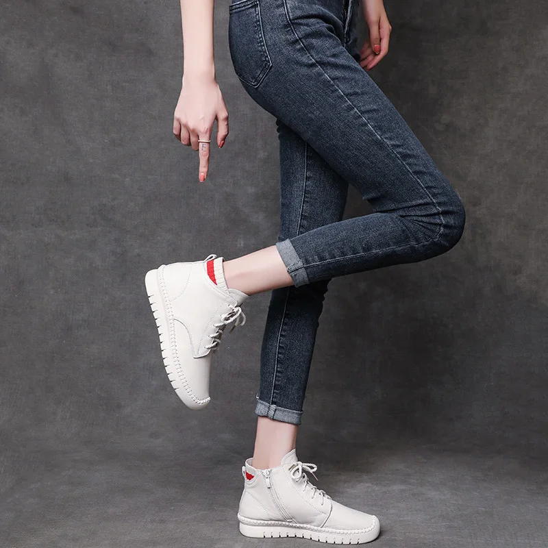 CXJYWMJL Plus Size Genuine Leather Women Autumn High Top Sneakers Winter Cotton Casual Vulcanized Shoes Ladies Soft Sole Spring