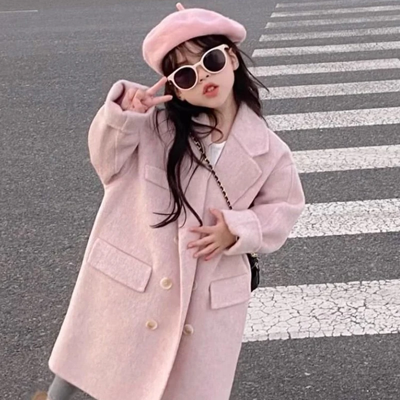 Girls Pink Wool Long Coat Children 2024 New Autumn Winter Fashion Simple Casual Warm Coat Korean Sweet Style Clothes Kid