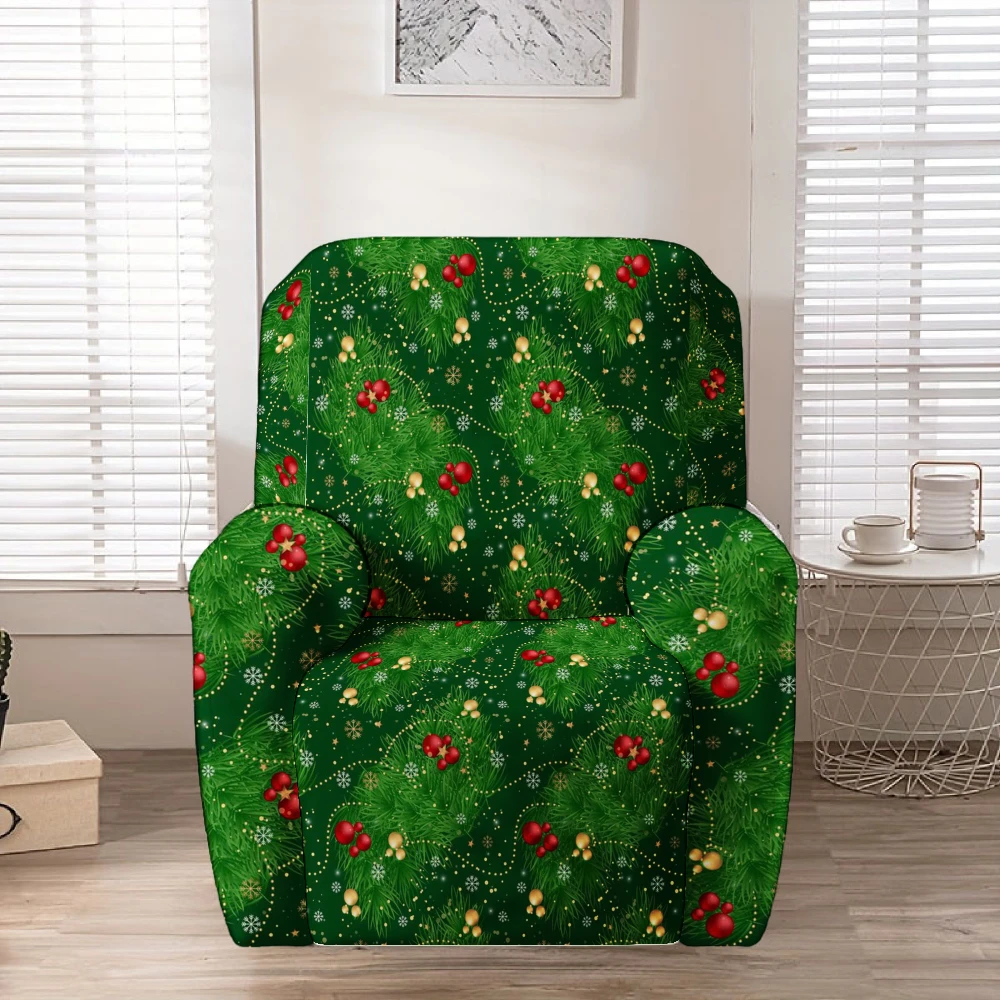 Dark Green Pine Holly Berry Christmas Recliner Chair Cover Stretch Slipcover Holiday Furniture Protector