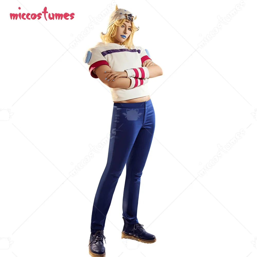 

【Готов к отправке】Костюм для косплея Miccostumes JJBA в аниме-стиле, бело-синий, полный комплект с шапкой и защитой для запястий