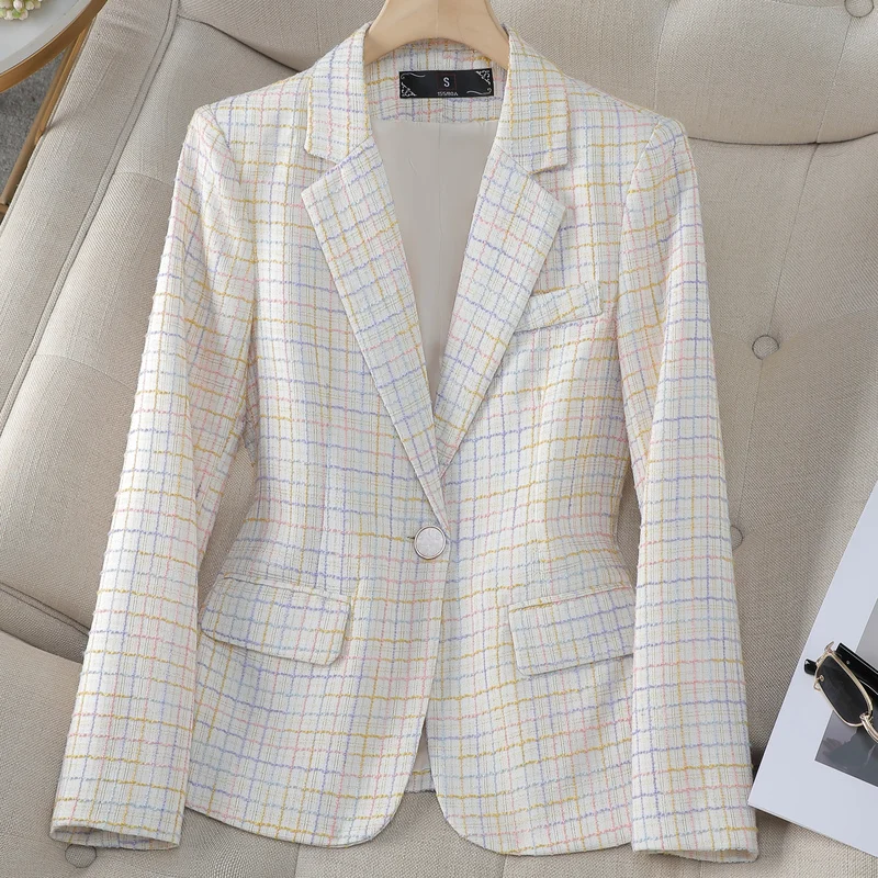 Fashion Women Casual Blazer Ladies Long Sleeve Purple Blue Green Yellow Plaid Female Jacket Coat For Autumn Winter S-4XL