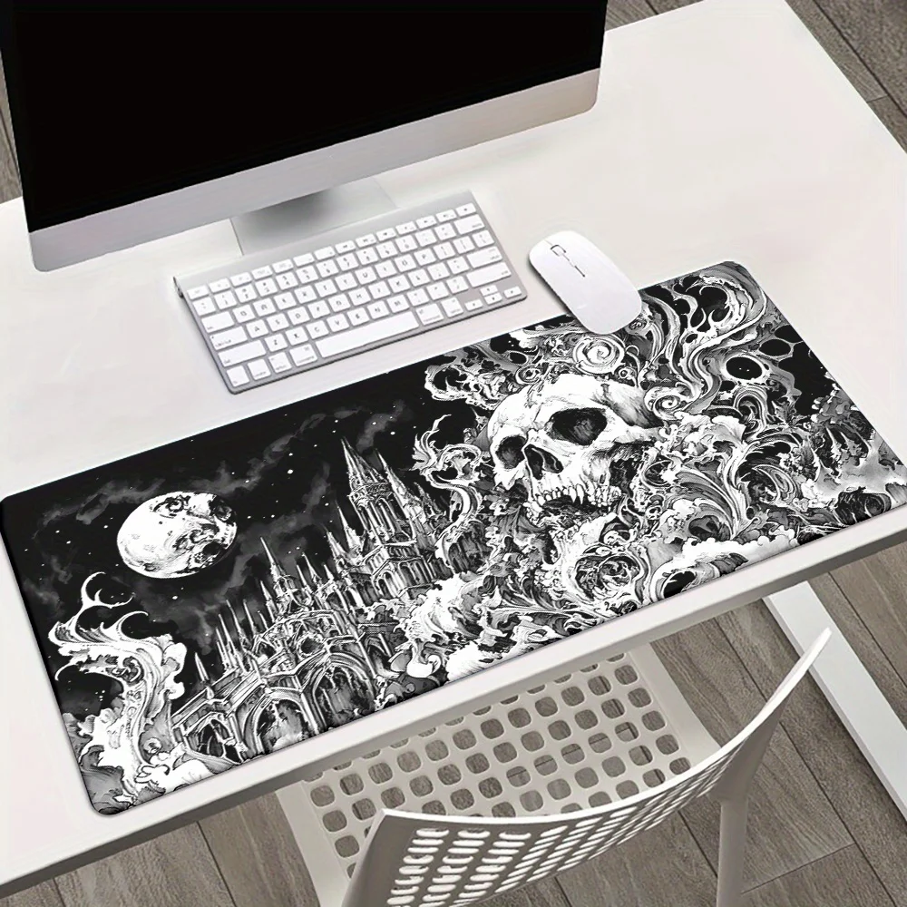 1pc Gothic Skull & Celestial Design Mouse Pad - Large Gaming & Office Desk Mat with Starry Night & Full Moon Artwork
