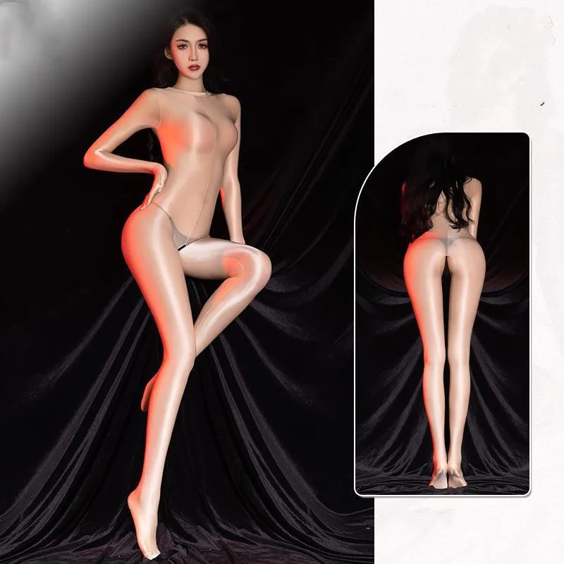 Sexy Women Shiny Crotchless Bodysuit Sheer Open Crotch Long Sleeve Teddies Bodysuit Bodystockings Silky Full Body Suit Jumpsuit