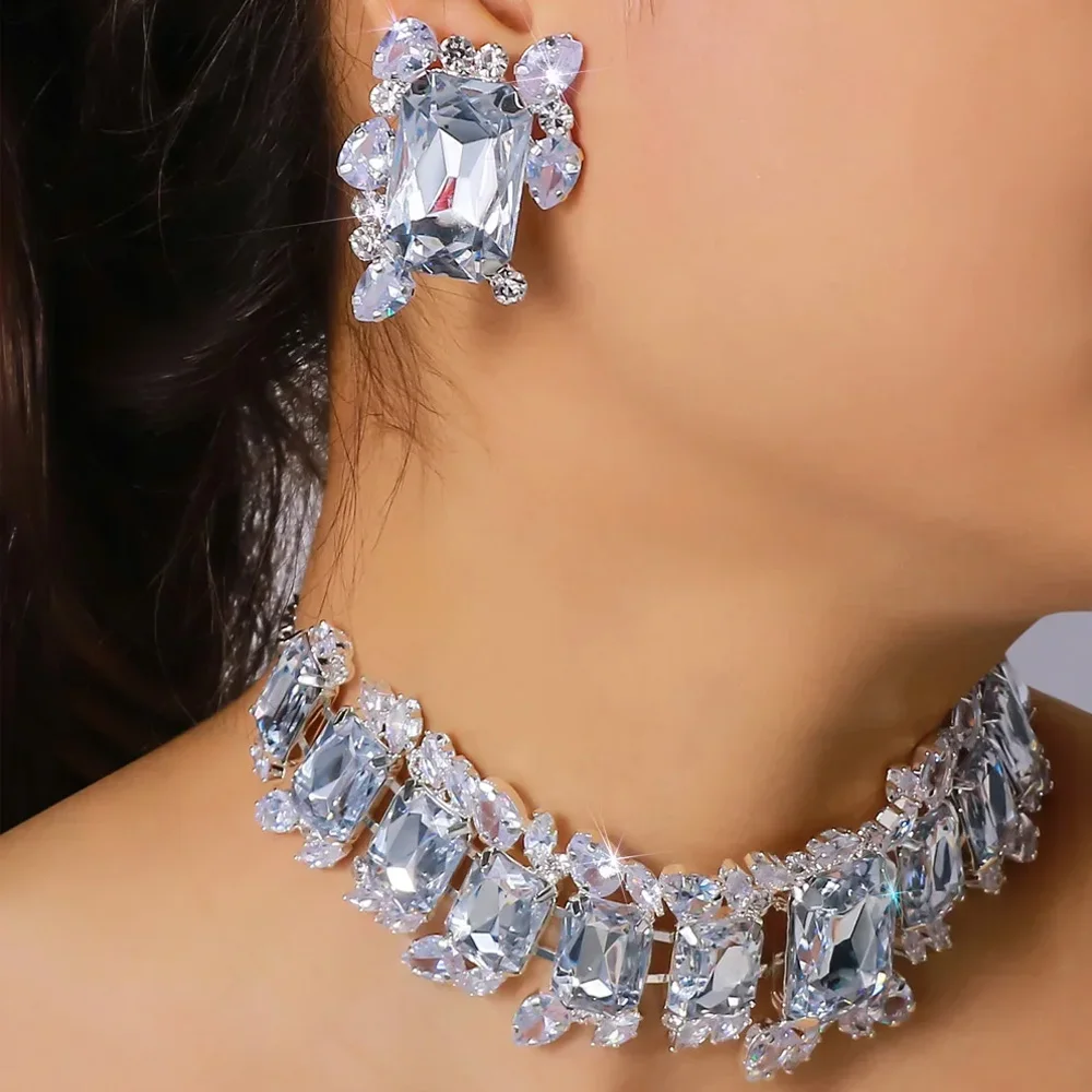 Stonefans Bride Crystal Necklace Earrings Set Bridesmaid Wedding Jewellry Two Pieces Choker Necklace Prom Costume Jewelry Sets