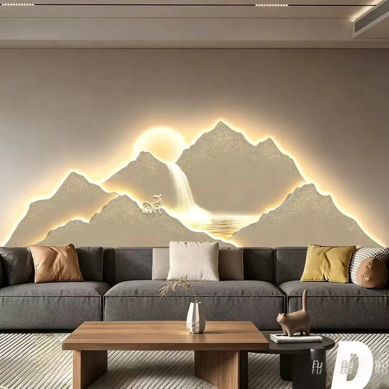 Backed by a mountain, the living room is decorated with a light luxury and grand sofa. The background wall is adorned with golde
