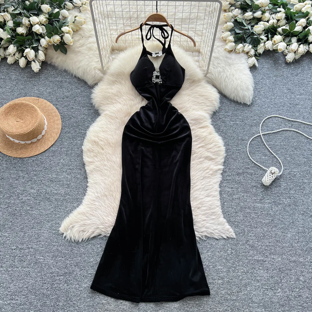 ヴィンテージ エレガント バックレス ベロアドレス シックなドレス 女性ファッション レトロ パーティー セレモニードレス