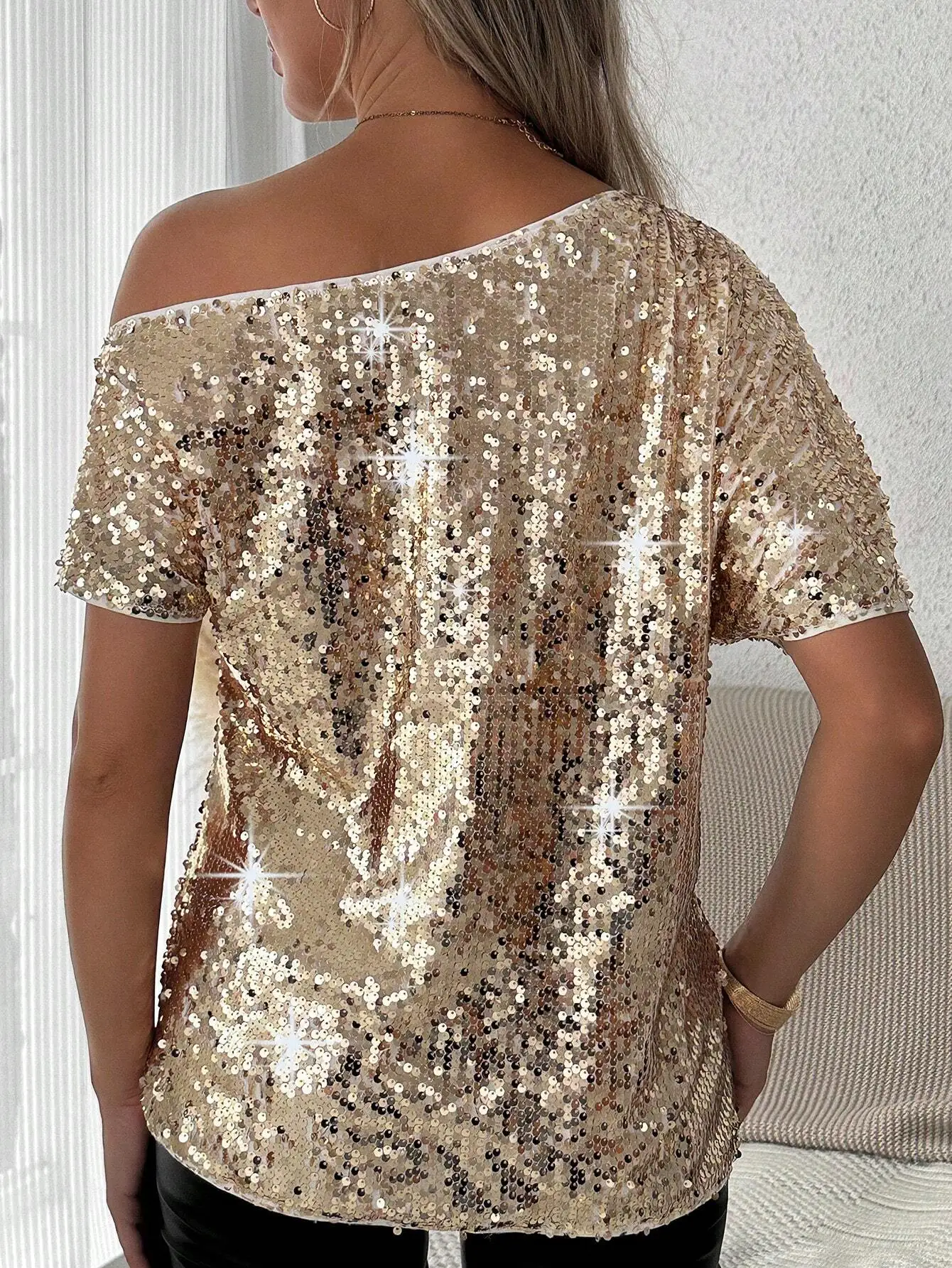 Women's Glitter Asymmetrical Neck Batwing Sleeve Gold Sequin Blouse Sparkly Party Night Clothing