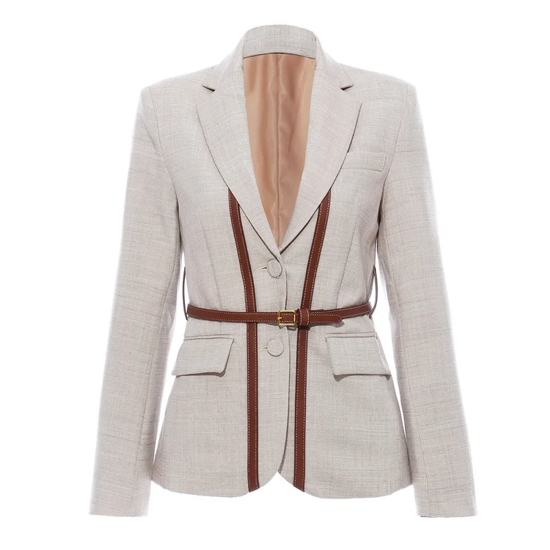 2024Spring Autumn Women Jackets Tops Spliced Single Breasted Suit Long Sleeve Lapel Straight Blazer Belt Pocket Coats Elegant