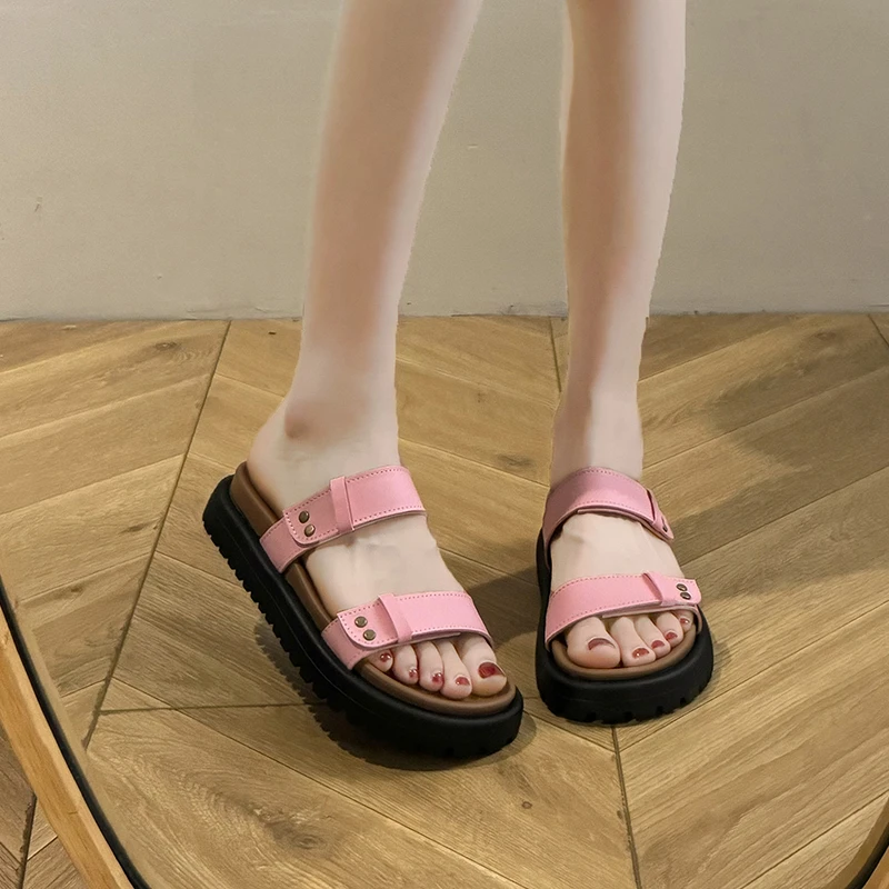 Platform Slippers Summer New Round Head Open Toe Simple Word Sandals Anti-slip Wear-resistant Women's Shoes