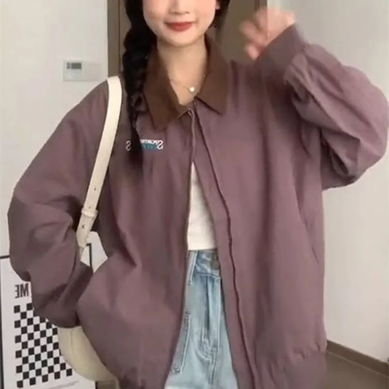 Purple Casual Collar Women's Jacket Versatile Early Autumn Korean Style Workwear Coat Multi-Pocket Loose Fit Long Sleeve Zipper