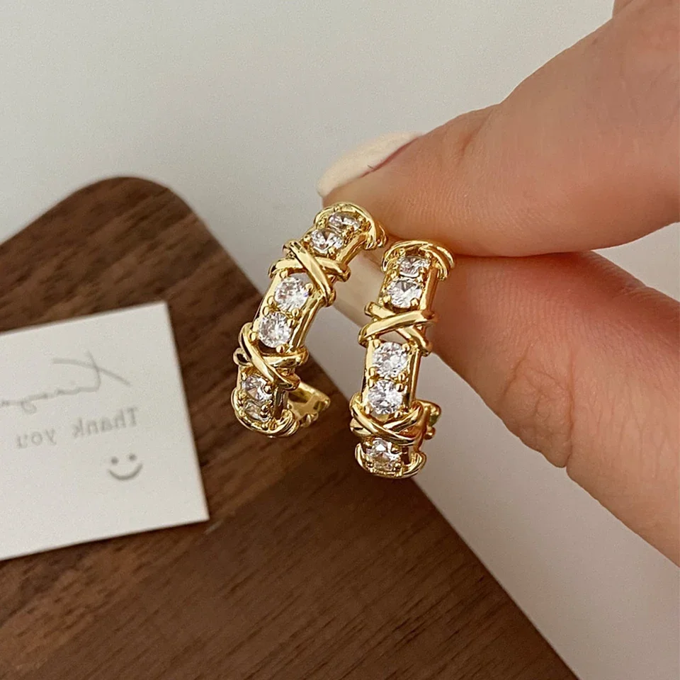 Vintage CC Design Hoop Earrings for Women Korean Fashion X Cross Zircon Earring Engagement Jewelry Gift