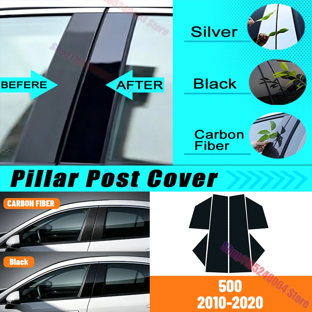 6Pcs Glossy Black Car Window Door Column B C Pillar Post Cover Trim For Fiat 500 2010 2011 2012 2013 2014-2020 Decor Stickers