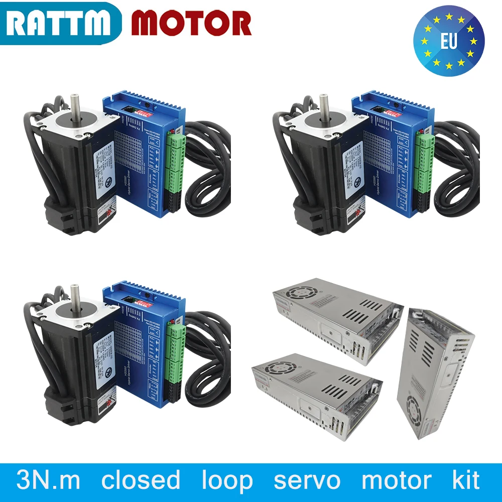 【EU US】3 x 3N.m Nema24 closed loop Servo Motor kit 5A 2-Phase & 2HSS60 Hybrid Driver CNC Controller Kit