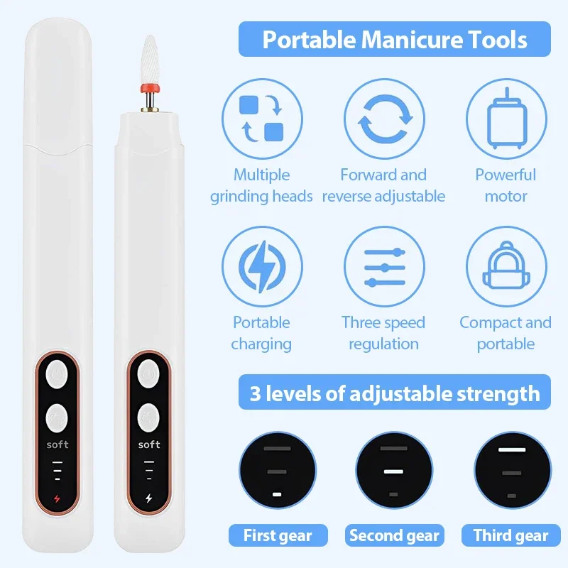 Elektryczna frezarka do paznokci 5 w 1, ładowanie USB, przenośny zestaw do manicure, złuszczanie i polerowanie, narzędzia do salonu paznokci.
