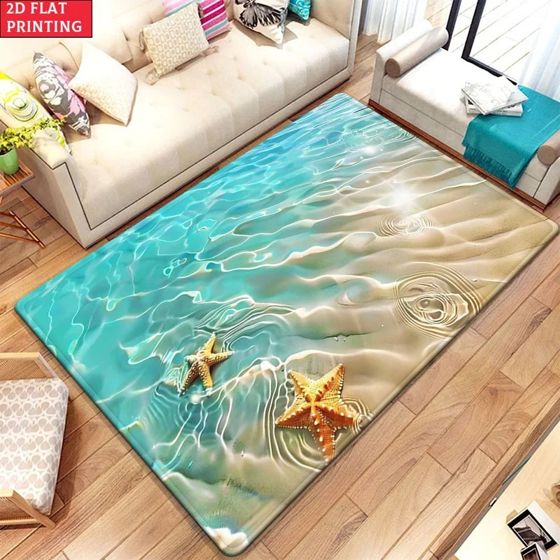 Clear Blue Ocean White Sand Beach Wave Print Large Area Rug Soft Flannel Non Slip Floor Carpet for Living Room Decor