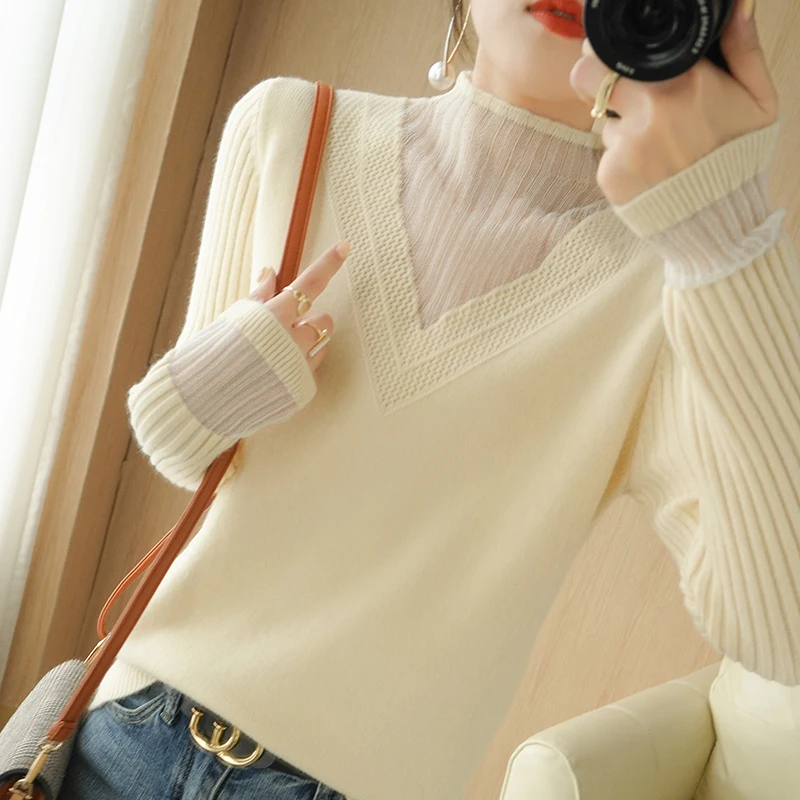 

Женский вязаный свитер с кружевными вставками, высоким воротником и длинными рукавами, шерстяной, для повседневной носки, в разных цветах