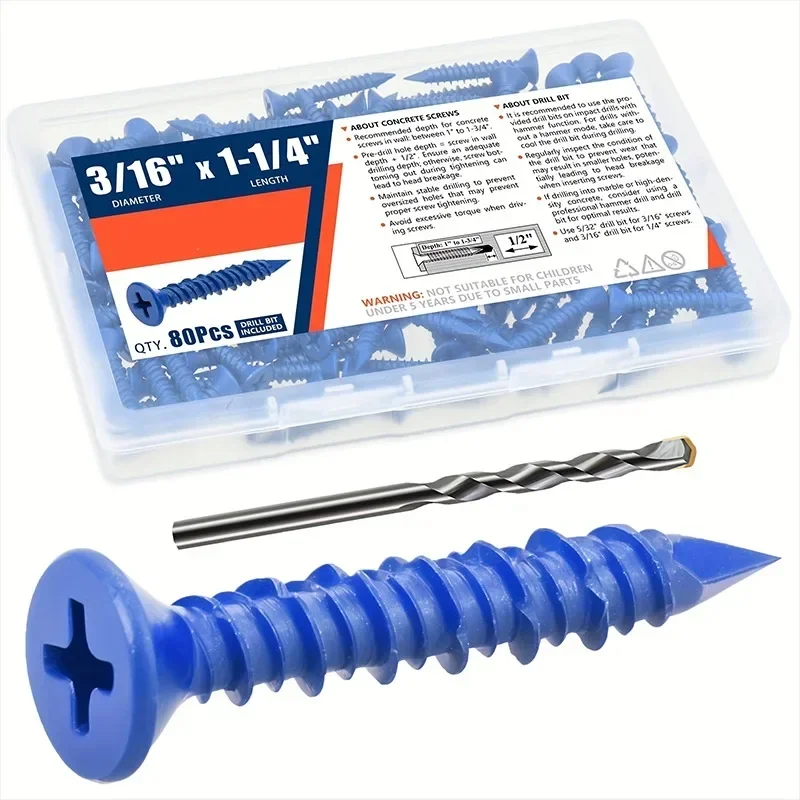 80Pcs Blue Drywall Screws Anchor Flat Head Drilling Screws with Drill Bit 3/16