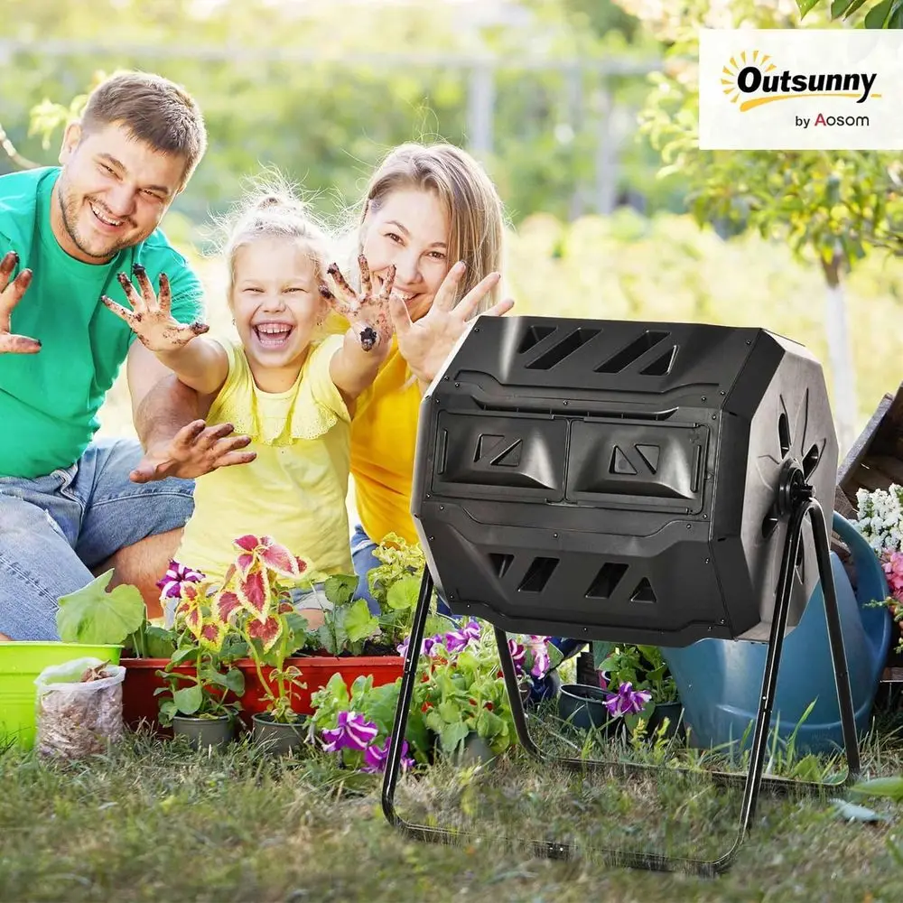 Outdoor 360° Dual Chamber Rotating Composter 43 Gallon, Black