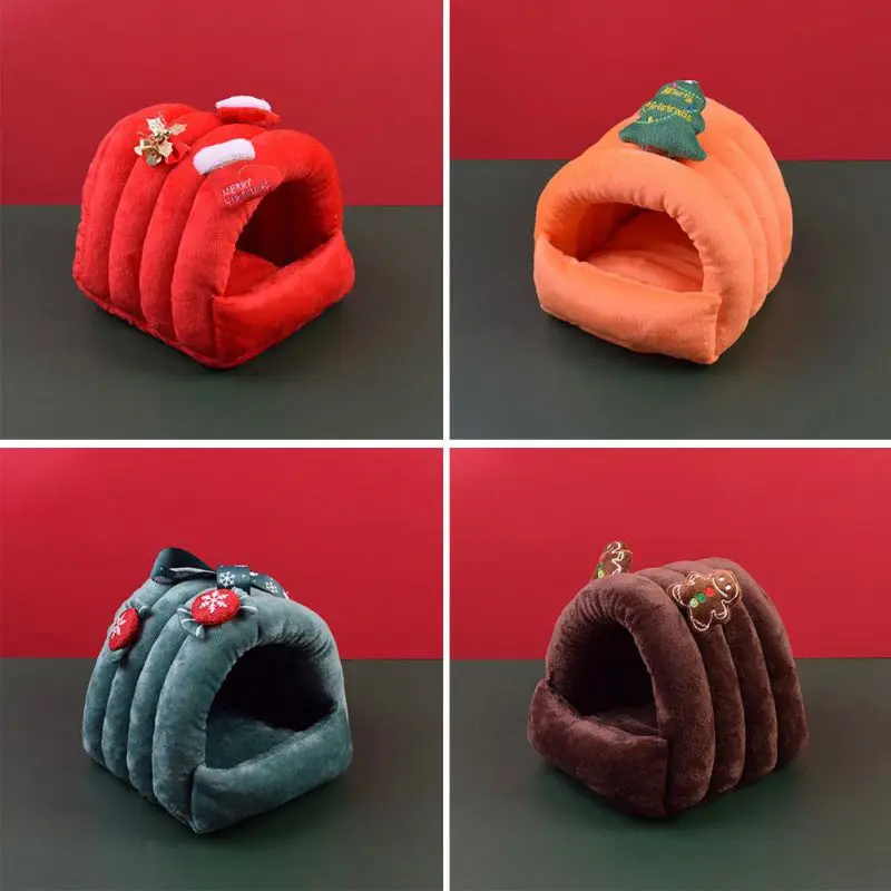 Small Animal Winter Bed Plush House Hideout Christmas Design Cage Decor For Ferret Parrot Hamster Playing Hiding Mat