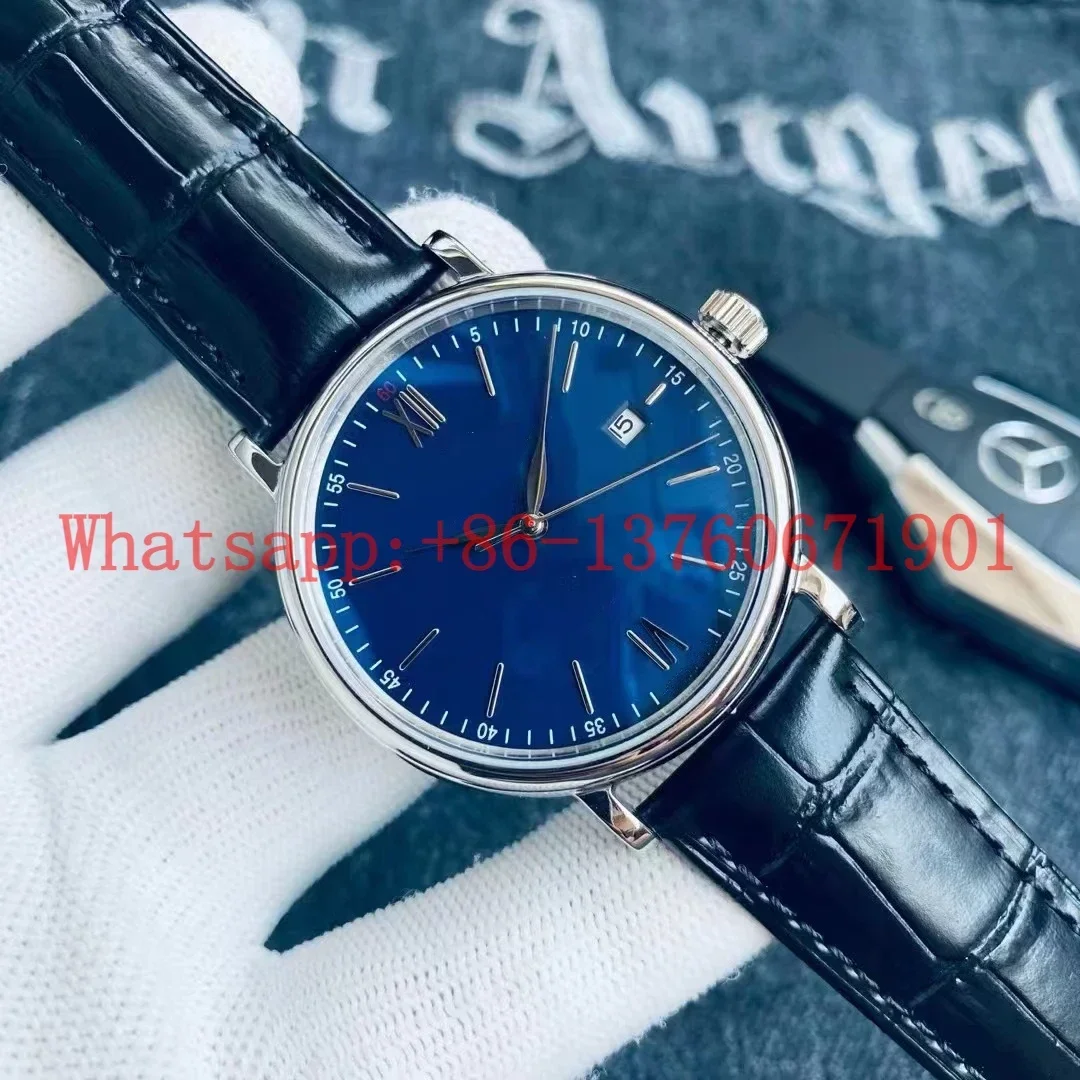 Luxury New Mens Mechanical Watch Automatic Watches Stainless Steel Silver Blue Black Leather Fashion Wristwatch